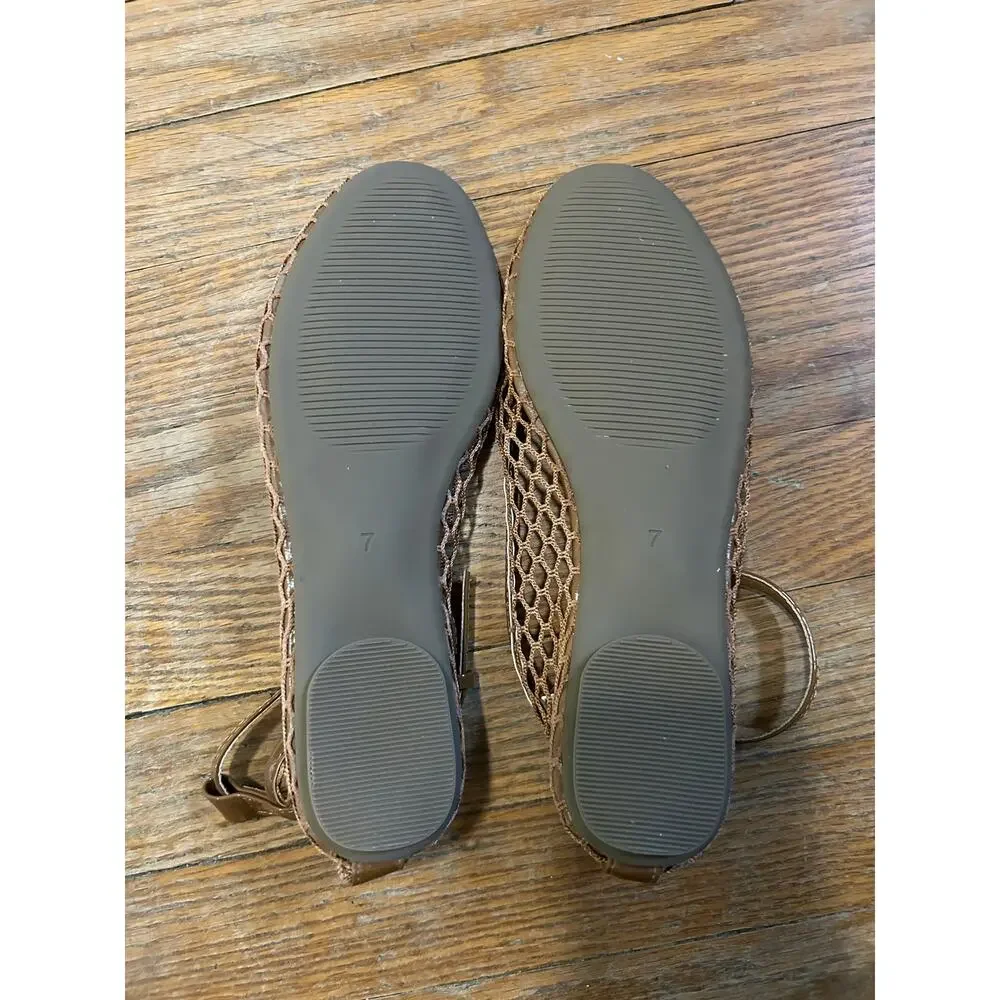 Mesh Ankle Strap Ballet Flats Mary Jane Size 7 Tan Round Toe NEW